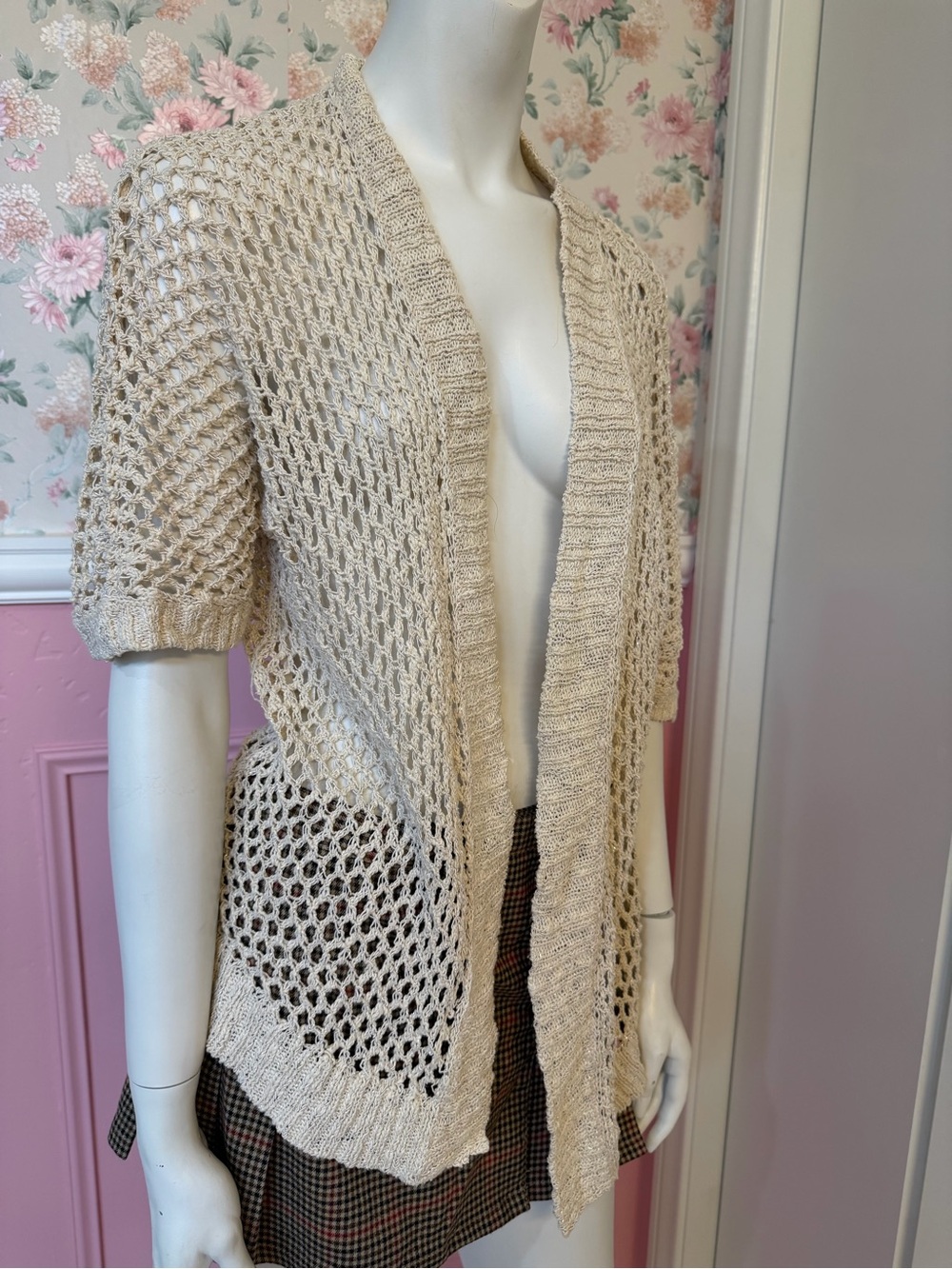 Chico's Open-Knit Short Sleeve Cardigan in Beige